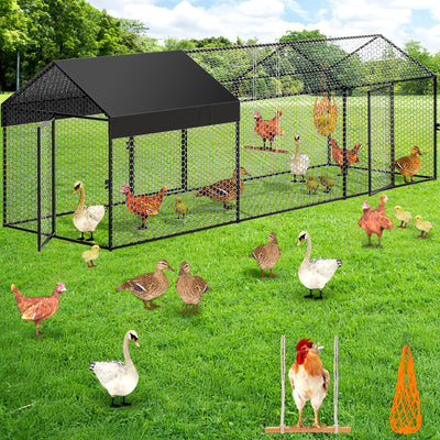 Large Metal Chicken Coop Chicken Run with Cover for 10-12 Chickens 120"×40"×40" Portable Poultry Cage Hen House Outdoor Backyard Farm Animal Enclosure Crate Pet Playpen Exercise Pen for Rabbit Duck