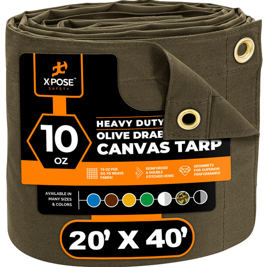 Xpose Safety Canvas Tarp - 10oz Olive Drab Poly Canvas Tarps Heavy Duty Water Resistant with Brass Grommets- Multipurpose Outdoor Tarpaulin for Camping, Canopy, Trailer, Equipment Cover 20' x - WoodArtSupply