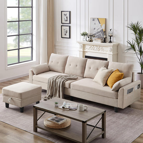 Chireca 102" Convertible Sectional Sofa, Modern L Shaped Couch with Storage Ottoman and Side Pockets, 4 Seater Sofa for Living Room Apartment, Beige Chireca
