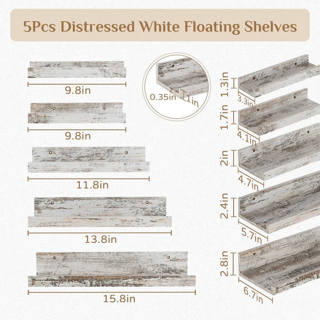 Walasis Rustic Shelves Wall-Mounted Distressed White - Farmhouse Wall Shelves 15.8 inch Wood Wall Decor Decorative Small Floating Ledge Shelf for Bedroom Living Room Walasis