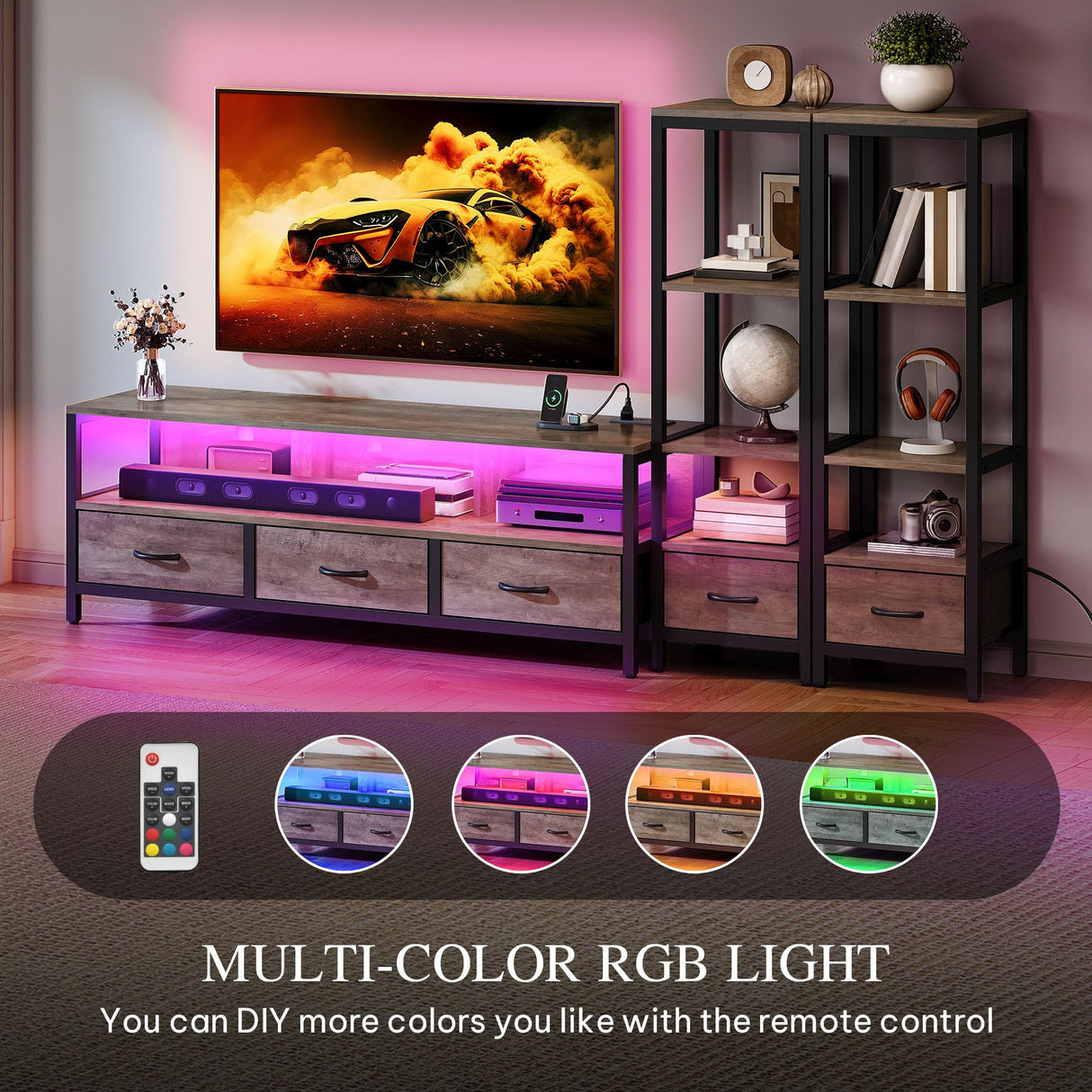 YITAHOME TV Stands for 65 inch TV Entertainment Center with 2 Industrial 4-Tier Bookshelves, LED TV Stands for Living Room, Modern Farmhouse TV Console Cabinet with Power Outlets, Grey YITAHOME