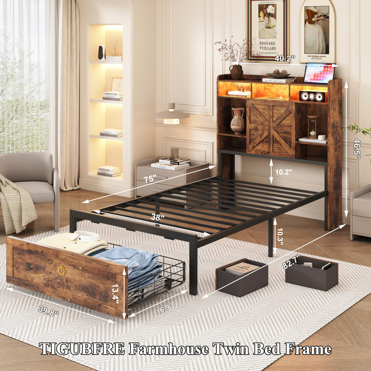 TIGUBFRE Twin Size Bed Frames with Storage Headboard and 3 Drawers, Farmhouse Platform Bed Frame with Charging Station & LED Lights, Metal Slats Support, Noise Free, No Box Spring Needed, Rustic Brown TIGUBFRE