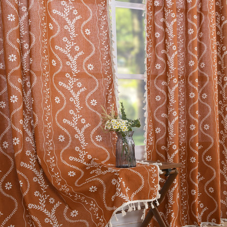 Schweek Terracotta Curtains 84 Inch Length Boho Farmhouse Curtains for Living Room 2 Panels, Linen Semi Sheer Vintage Farmhouse Printed Floral Burnt Orange Rustic Curtain Drapes Schweek