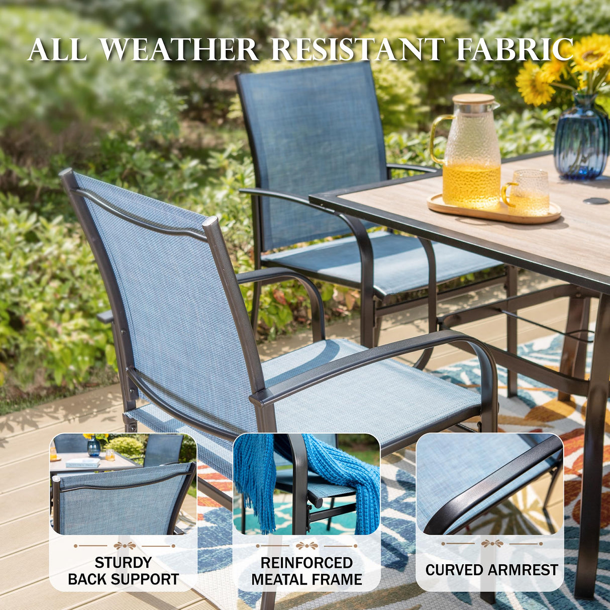 HERA'S HOUSE Outdoor Dining Set 5 Piece Patio Table and Chairs Set, 4 x Textilene Dining Chair, 37" Square Wood Look Dining Table, for Lawn Garden Backyard Deck (Blue Chair x 4, 37" Square Table) HERA'S HOUSE