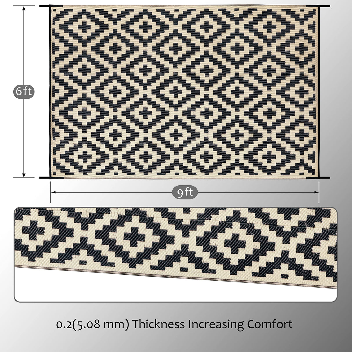 SAND MINE Reversible Mats, Plastic Straw Rug, Modern Area Rug, Large Floor Mat and Rug for Outdoors, RV, Patio, Backyard, Deck, Picnic, Beach, Trailer, Camping, Black & Beige, 6' x 9' SAND MINE