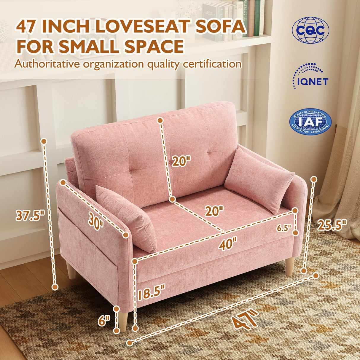 Urhanherry 47" Small Sofa Couch for Bedroom, Soft Chenille loveseat Mini Couch with Throw Pillow and Removable Cushion Cover for Small Spaces, Living Room, Apartment, Dorm, Office(Pink) Urhanherry