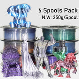 MIKA3D 6 Spools Fast 2 Color Change Silk PLA 3D Printer Filament Bundle, Silk Black Color Change to White/Red/Orange/Blue/Purple/Green, Each Spool 250g, Total 1.5kg Silk PLA Bundle 250g X 6 MIKA3D