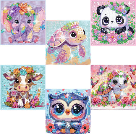6 Pack 5D Cartoon Diamond Painting Kits for Beginners, Cute Animals DIY Diamond Art Kit, Full Round Drill Big Gem Art, Home Wall Decoration 6X6 inch Acelii