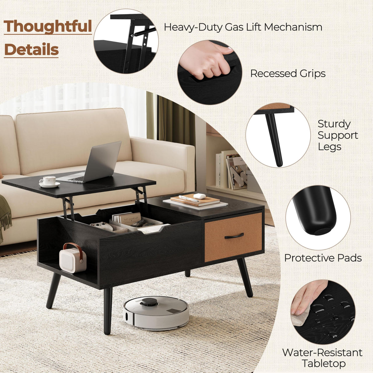 Yaheetech Lift Top Coffee Table for Living Room, Wooden Small Center Tables with Large Storage Shelf Drawer and Hidden Compartment Modern, Black Yaheetech