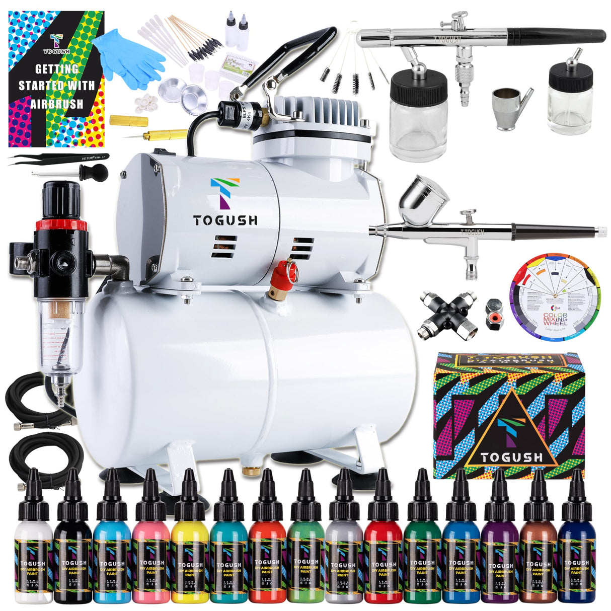 T TOGUSH Airbrush Kit with Air Compressor, 15 Color Airbush Paint, Gravity Airbrush And Siphon Airbrush, 1/6 HP Quiet Air Compressor with 3L Tank, Airbrush for Model Hobby Craft DIY Painting T TOGUSH