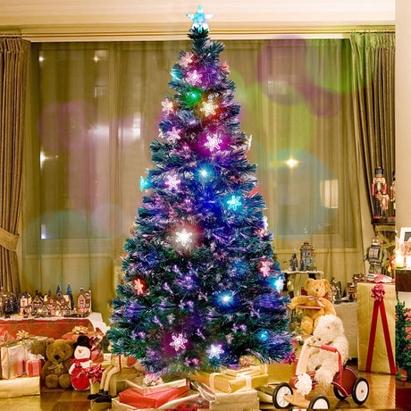 Juegoal 7 ft Pre-Lit Optical Fiber Christmas Artificial Tree, with LED RGB Color Changing Led Lights, Snowflakes and Top Star, Festive Party Holiday Fake Multicolor Xmas Tree with Sturdy Metal Legs Juegoal