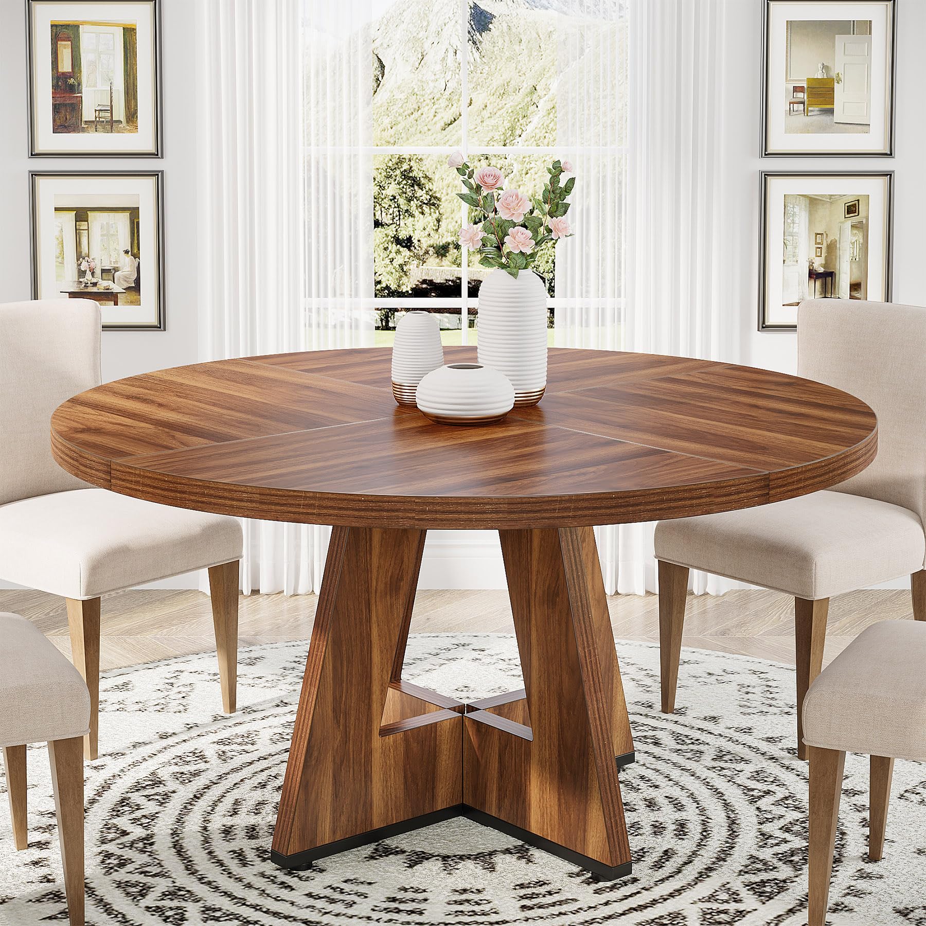 Tribesigns Round Dining Table Wood Kitchen Table for Dining Room Living Room, 47 inch Dining Room Tables for 4 People, Farmhouse Dinner Table with Wooden Table Top and Legs, Rustic Brown(Only - WoodArtSupply