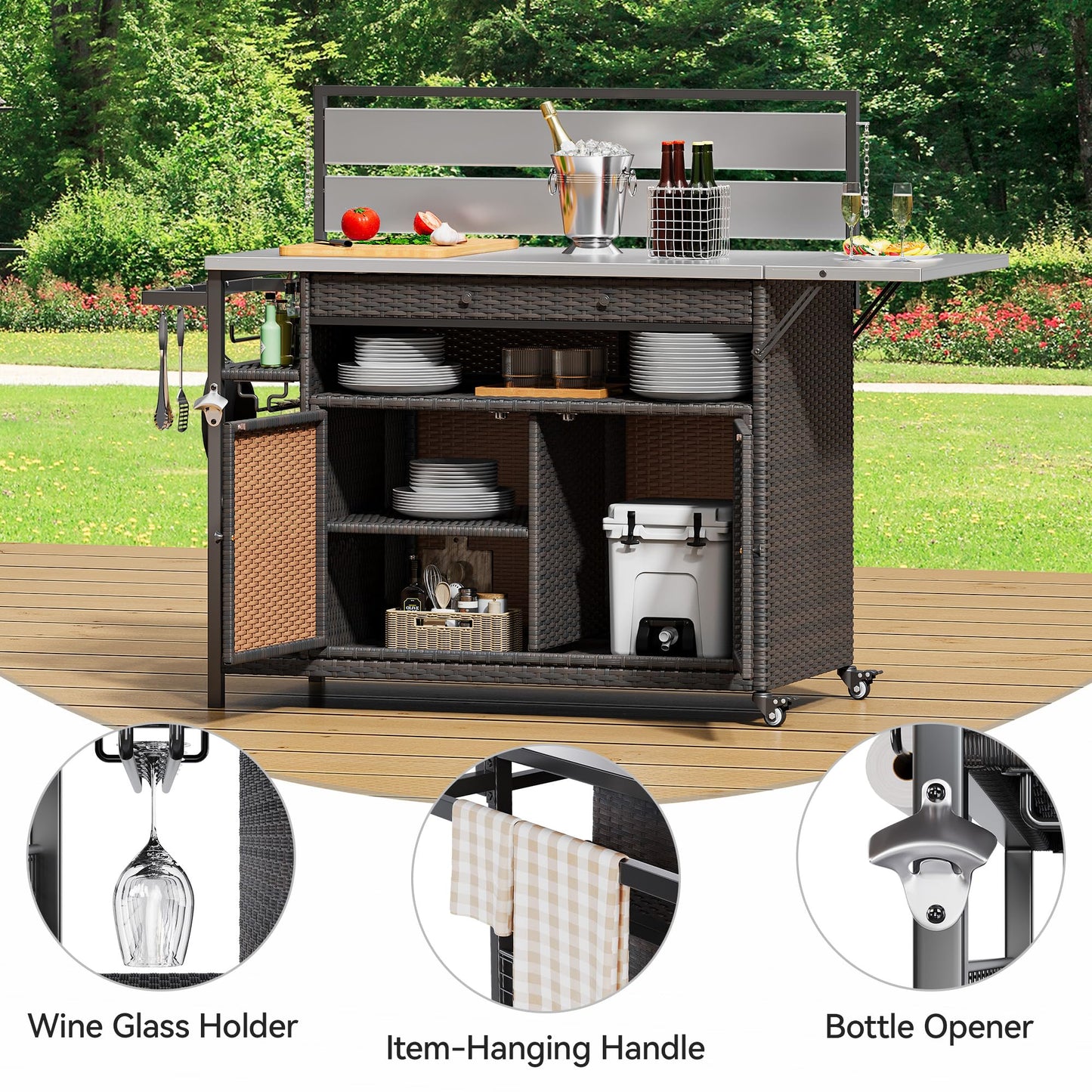 YITAHOME XL Outdoor Bar Cart, Outdoor Bar Table & Storage Cabinet, Wheels and Stainless Steel Extended Table Top, Side Handle for Patio Kitchen or Bar Cart, Dark Brown