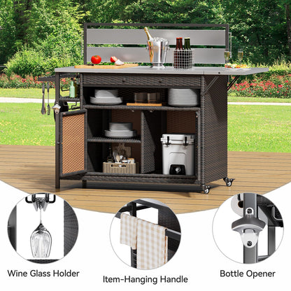 YITAHOME XL Outdoor Bar Cart, Outdoor Bar Table & Storage Cabinet, Wheels and Stainless Steel Extended Table Top, Side Handle for Patio Kitchen or Bar Cart, Dark Brown