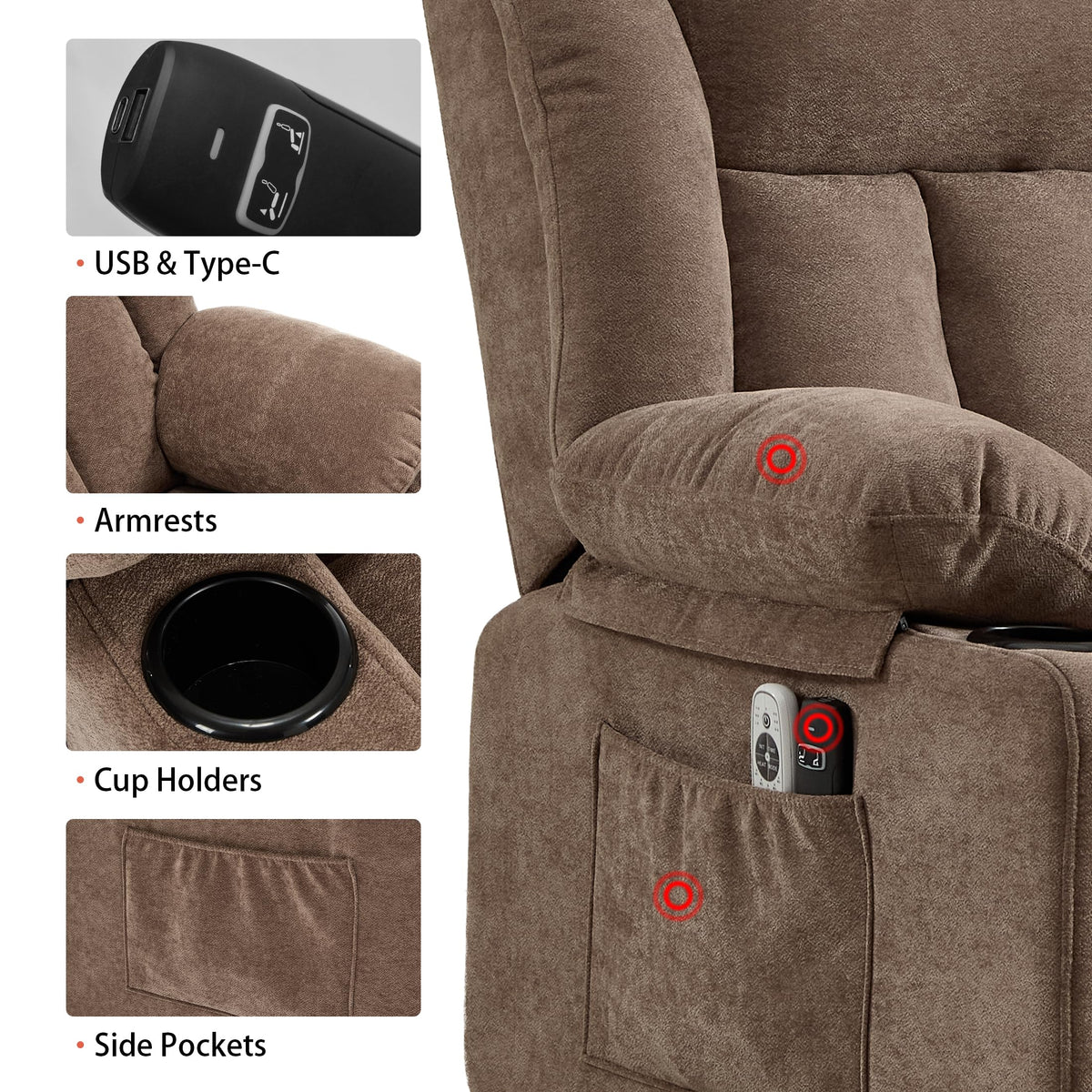 Sfxingyou Power Lift Recliner Chair for Elderly with Massage and Heat, Reclining Sofa Chair with USB & Type-C Ports and Cup Holders, L1288(Brown) Sfxingyou