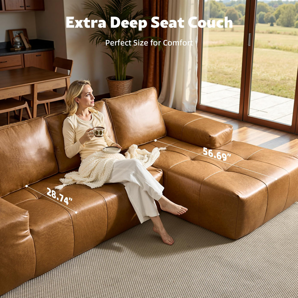 CAODOC 114" Leather Sectional Couch with Comfy Chaise, Boneless L Shape Sofa with Deep Seat, Minimalist Modular Couches Sleeper for Living Room Lounge,Brown CAODOC