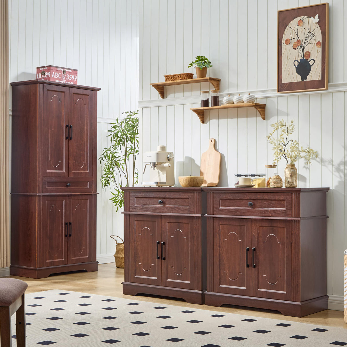 71" Tall Pantry Cabinet with Drawer and Adjustable Shelves, Modern Storage Cabinet with Doors, Kitchen Buffet Cabinet, Food Pantry Storage Cabinet, Coffee Bar, Living Room and Dining Room Cherry LIDYUK