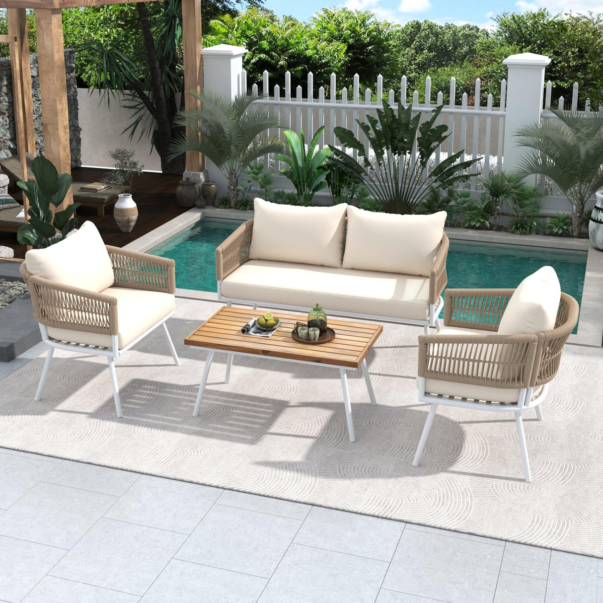 Jintop 4-Piece Boho Rope Patio Set with Acacia Wood Table and Thick Cushion,Outdoor Conversation Furniture W/Deep Seating & Sofa,for Backyard Porch Balcony,for Poolside,Garden,Beige Jintop