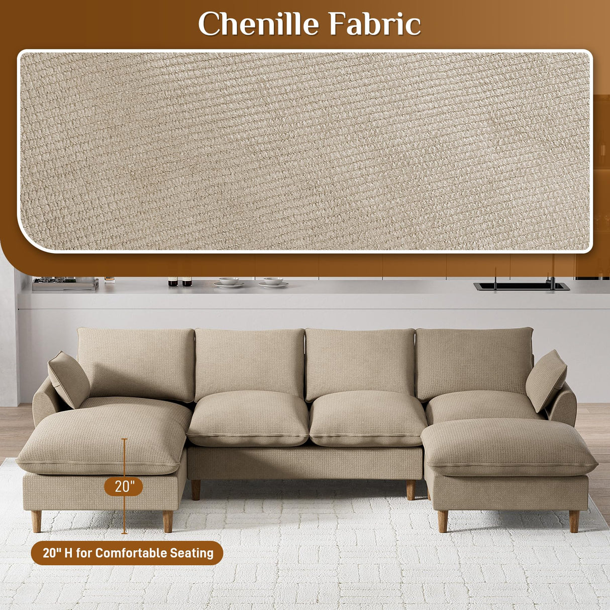 Nolohoo Cloud Couch Sectional Sofa, Modern Large Modular Sofas with Chaise, Convertible Ottoman, 112" Comfy Fluffy U Shape Sectional Couches for Living Room, Apartment, Light Brown Nolohoo