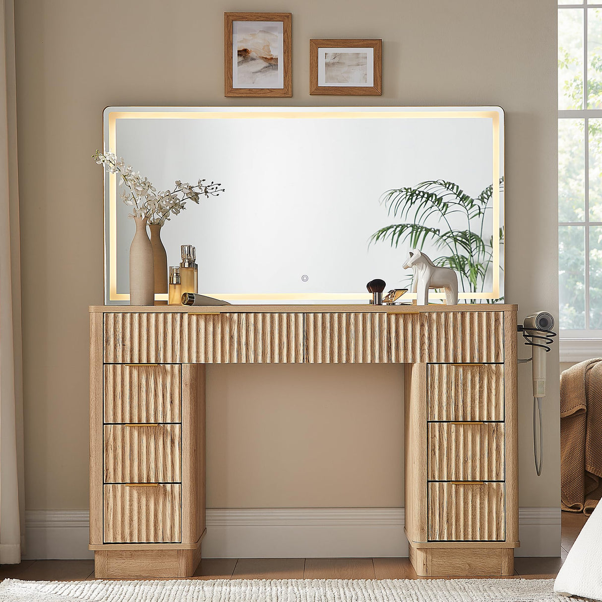 T4TREAM 48" Fluted Makeup Vanity Desk with Large Led Lighted Mirror, Modern Vanity Table with 8 Drawers & Charging Station, Glass Top Dressing Table for Bedroom, Natural Oak T4TREAM