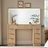 T4TREAM 48" Fluted Makeup Vanity Desk with Large Led Lighted Mirror, Modern Vanity Table with 8 Drawers & Charging Station, Glass Top Dressing Table for Bedroom, Natural Oak T4TREAM