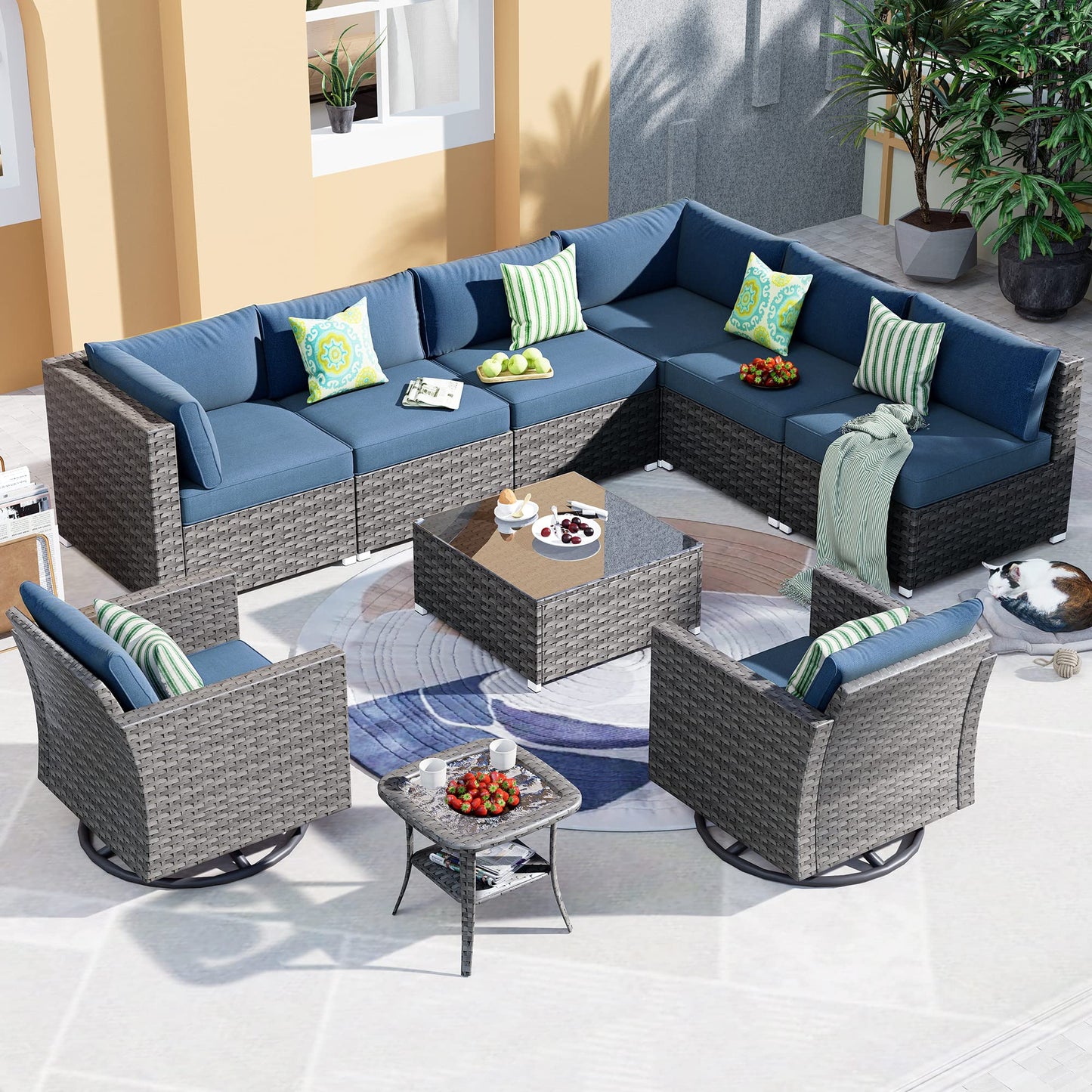 XIZZI Patio Furniture Outdoor Sectional Sofa Swivel Rocking Chairs All Weather PE Rattan Wicker 10 Piece Conversation Sets with Coffee Table for Backyard Deck Garden,Denim Blue