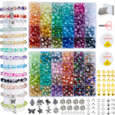 1300PCS 8mm Mixed Crackle Glass Beads for Bracelets Making with Accessories, 48 Colors Crystal Glass Beads Jewelry Making Kit, Round Beads for DIY Bracelet Crafts