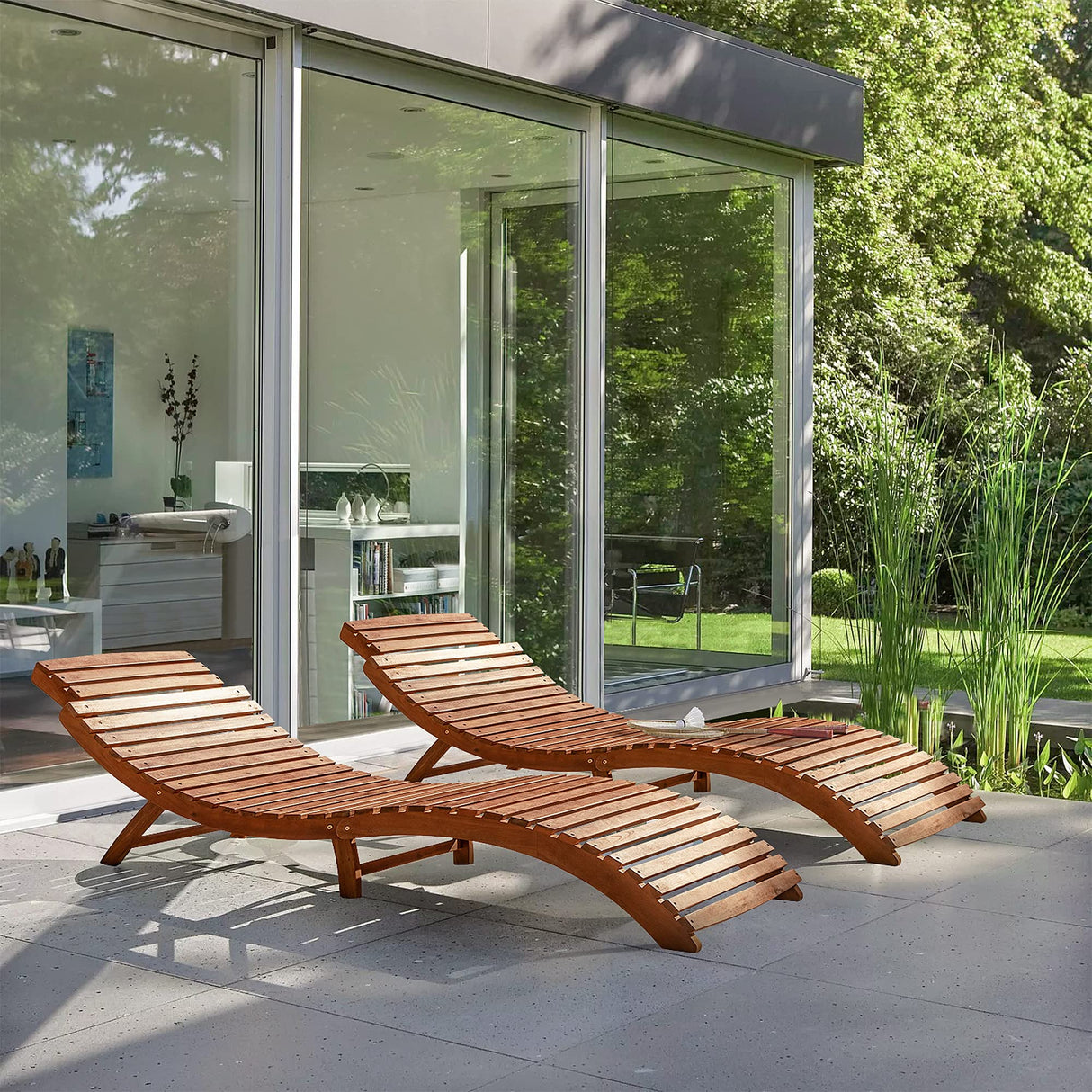 Flamaker Lounge Chairs for Outside Folding Acacia Wood Chaise Lounge with Side Handle Sun Lounger for Poolside, Lawn, Backyard (2 Piece) Flamaker