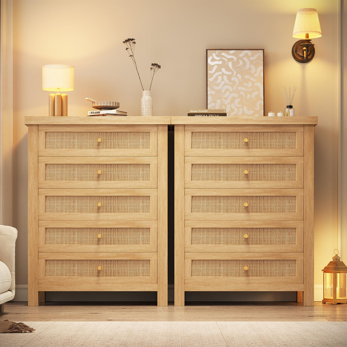 Natural Rattan Dresser for Bedroom with 5 Drawers, Wood Boho Chest of Drawers with Gold Metal Handle, Matte Top Bedroom Tall Dresser with Large Drawers for Living Room, Closet, Hallway, (Nartual Oak) Jocoevol