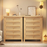 Natural Rattan Dresser for Bedroom with 5 Drawers, Wood Boho Chest of Drawers with Gold Metal Handle, Matte Top Bedroom Tall Dresser with Large Drawers for Living Room, Closet, Hallway, (Nartual Oak) Jocoevol