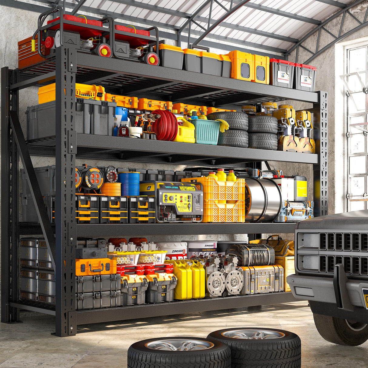 Bepatio 9400LBS Storage Shelves Garage Shelving 67.6''W 4 Tier Adjustable Metal Shelving Unit, Garage Shelves Industrial Shelf for Warehouse Basement Commercial, 67.6''Wx23.7''Dx72''H, Black Bepatio