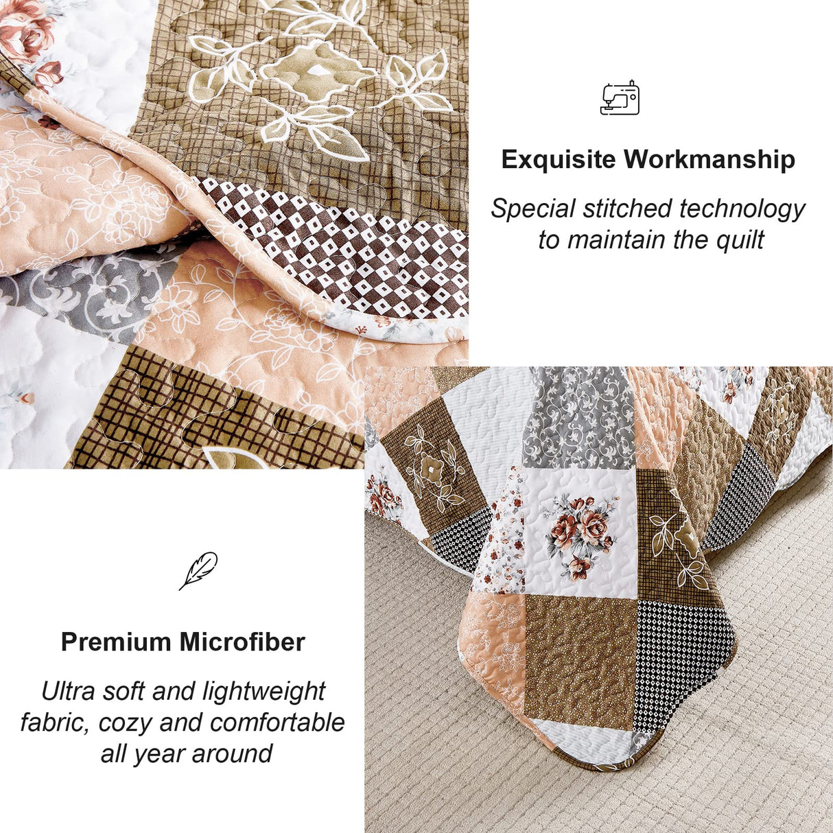 Dinjoy Floral Plaid Patchwork Quilt Set California King Size, Reversible Brown Bedding Set Soft Microfiber Lightweight Bedspread Coverlet 3 Piece Fall Autumn Use(106x96 inches, Cal King) Dinjoy