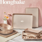 HONGBAKE 9-Piece Baking Pans Set Nonstick, Stackable Non Toxic Bakeware Sets with Diamond Texture, Oven Pan Set for Cooking, Includes Cookie Sheet with Rack, Cake Pan, Roasting Pan, Muffin Pan, Gold HONGBAKE