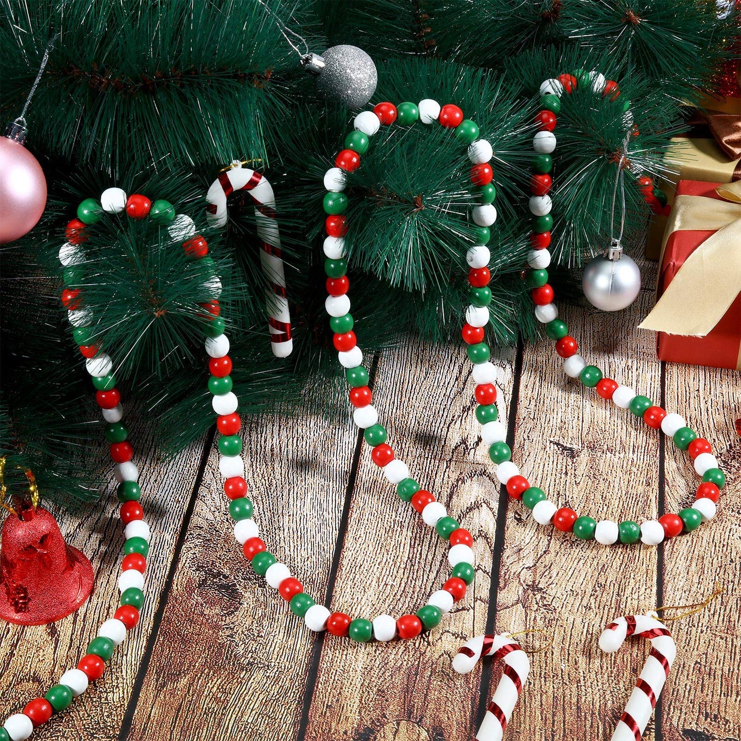 16 Feet Christmas Wooden Bead Garland Christmas Wood Bead Garland Decor Xmas Candy Cane Decoration Farmhouse Rustic Bead Tree Decoration for Holiday Party(Mixed Red, White, Green)