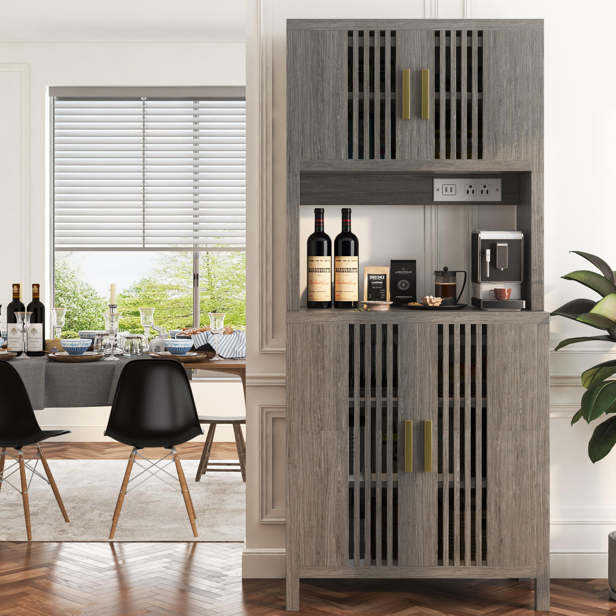 Pantry Kitchen Storage Cabinet, 71” Tall Pantry Cabinet with Rattan Door, Power Outlet, Large Freestanding Cupboard Wood Cabinet for Kitchen, Dining Room Generic