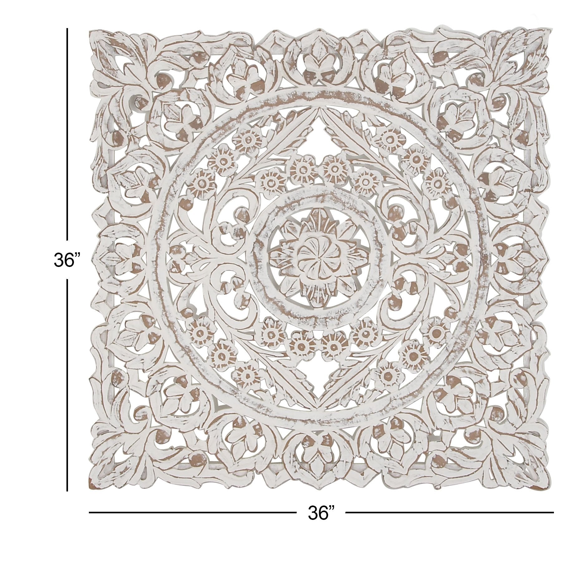 Deco 79 Wooden Floral Handmade Home Wall Decor Intricately Carved Wall Sculpture with Mandala Design, Wall Art 36" x 2" x 36", White - WoodArtSupply