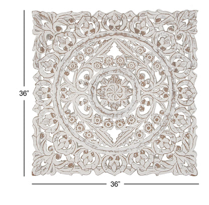 Deco 79 Wooden Floral Handmade Home Wall Decor Intricately Carved Wall Sculpture with Mandala Design, Wall Art 36" x 2" x 36", White - WoodArtSupply