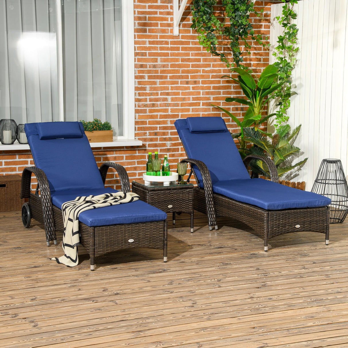 Outsunny Wicker Outdoor Chaise Lounge Set of 2, 5-Level Adjustable Backrest PE Rattan Pool Lounge Chair with Wheels, Cushion & Headrest, Brown and Dark Blue Outsunny