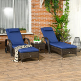 Outsunny Wicker Outdoor Chaise Lounge Set of 2, 5-Level Adjustable Backrest PE Rattan Pool Lounge Chair with Wheels, Cushion & Headrest, Brown and Dark Blue Outsunny