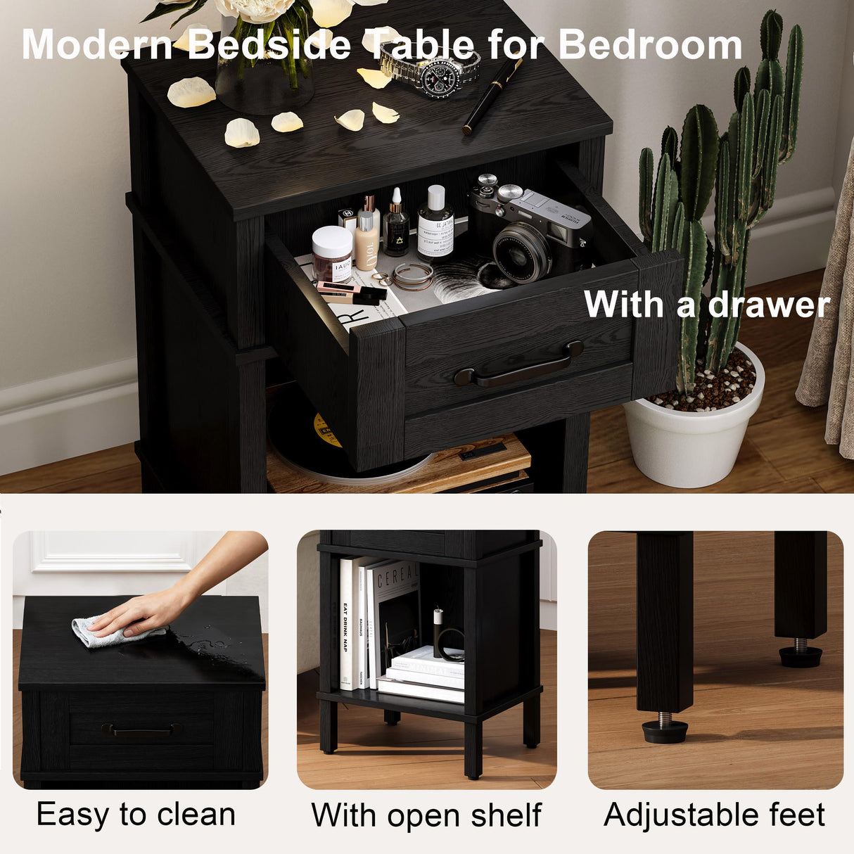 Farmhouse Nightstand with Drawer, Wood Bedside Table with Open Shelf, Modern Bedside Cabinet for Bedroom, Small End Table, Side Tables with Storage Shelf for Bedroom Black LET512B YAUKTAK