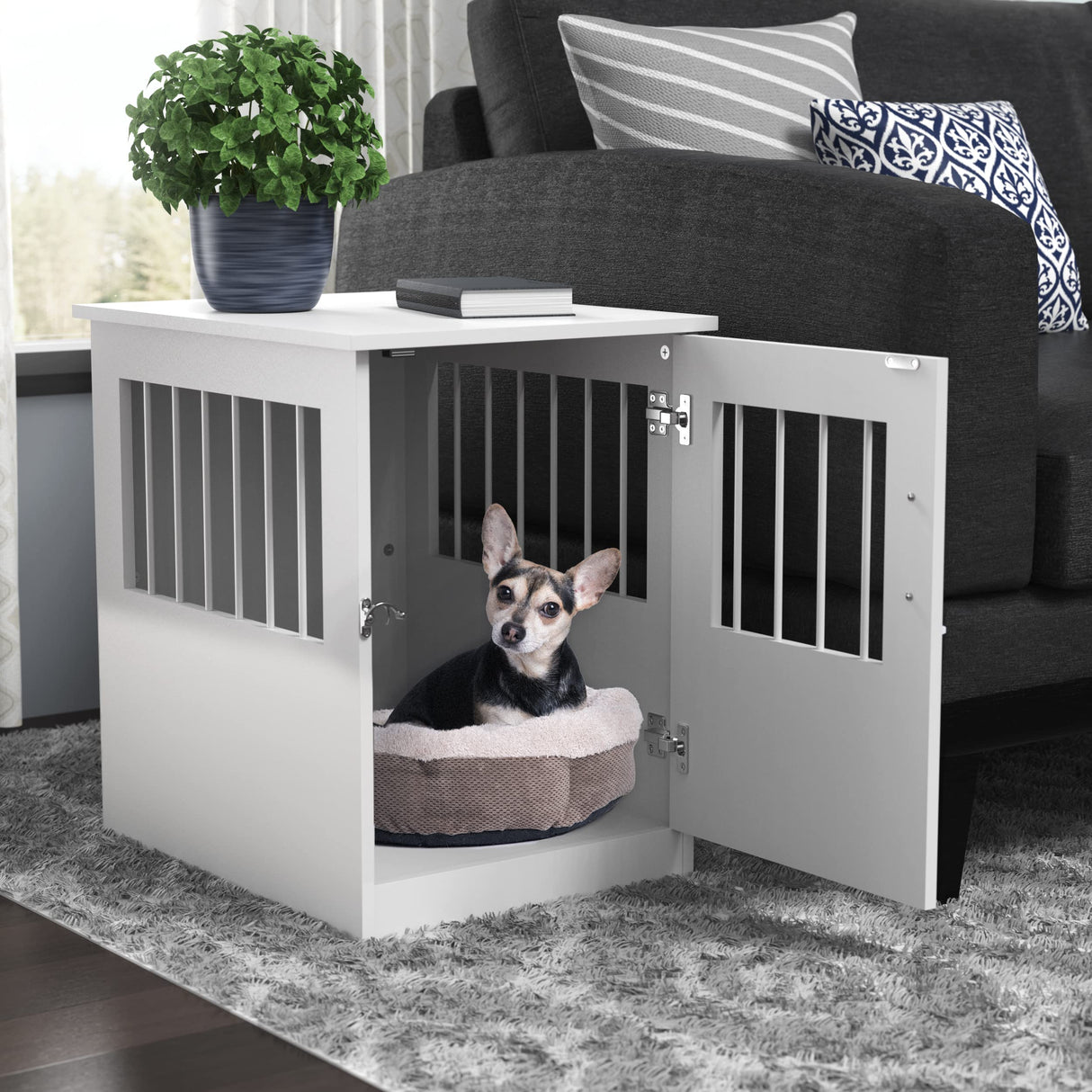 ClosetMaid Pet Crate End Table Furniture for Small Dogs or Cats Under 12 lbs, White Wood Finish ClosetMaid