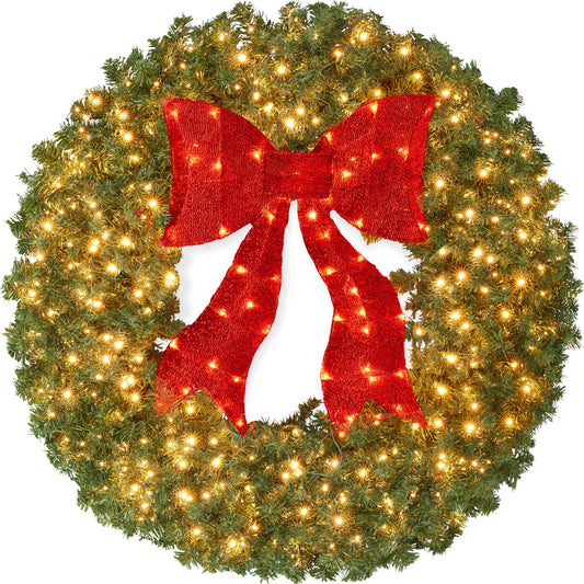 Best Choice Products 60in Large Artificial Pre-Lit Fir Christmas Wreath Holiday Accent Decoration for Door, Mantel w/Red Lighted Bow, 375 LED Lights, 930 PVC Tips, Power Plug-in