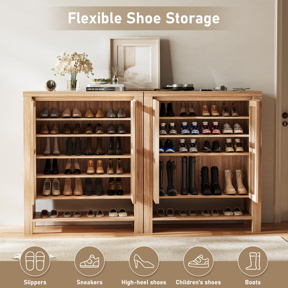 INNOD 43" Tall Shoe Storage Cabinet with Doors, 8-Tier Entryway Shoe Cabinet with Adjustable Shelves, Modern Freestanding Shoes Rack Organizer Cabinet for Entryway Hallway Front Door INNOD