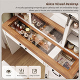 IRONCK Farmhouse Makeup Vanity Desk with Sliding Mirror and Lights,41" W Vanity Desk with Glass Tabletop&Charging Station &Drawers, Rustic Big Vanity Set for Bedroom, Stool Included, White/Walnut IRONCK