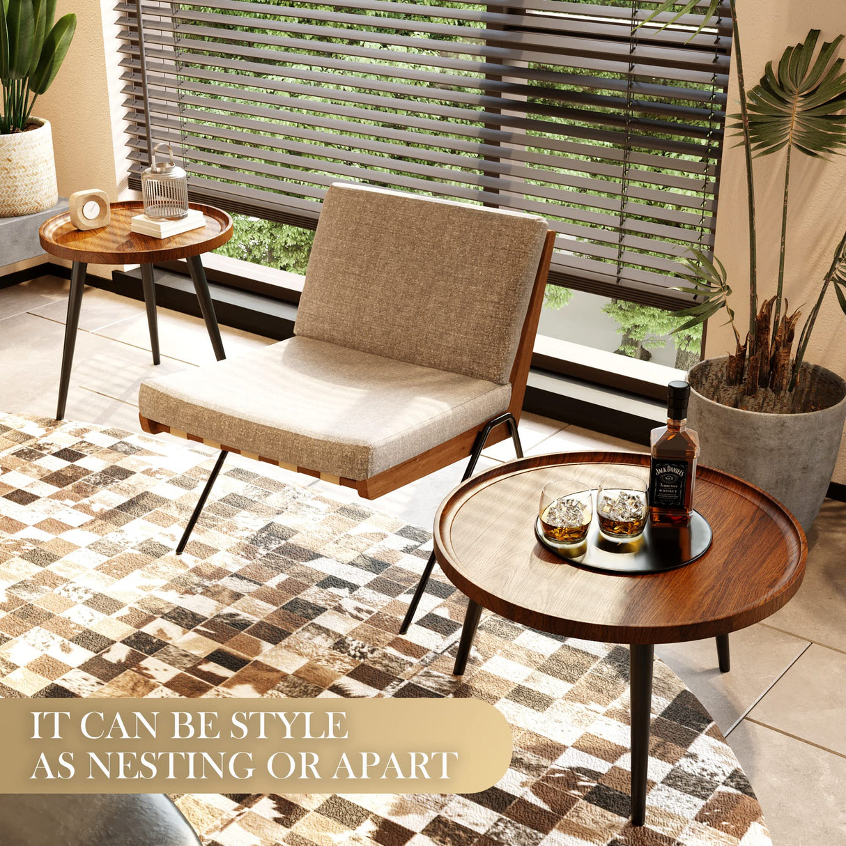 Semjar 2-Piece Mid Century Modern Round Walnut Coffee Table Set for Living Room,Easy Assembly Nesting Coffee Tables,Small Circle Coffee Side Tables for Sofa Bedside Office Balcony Semjar