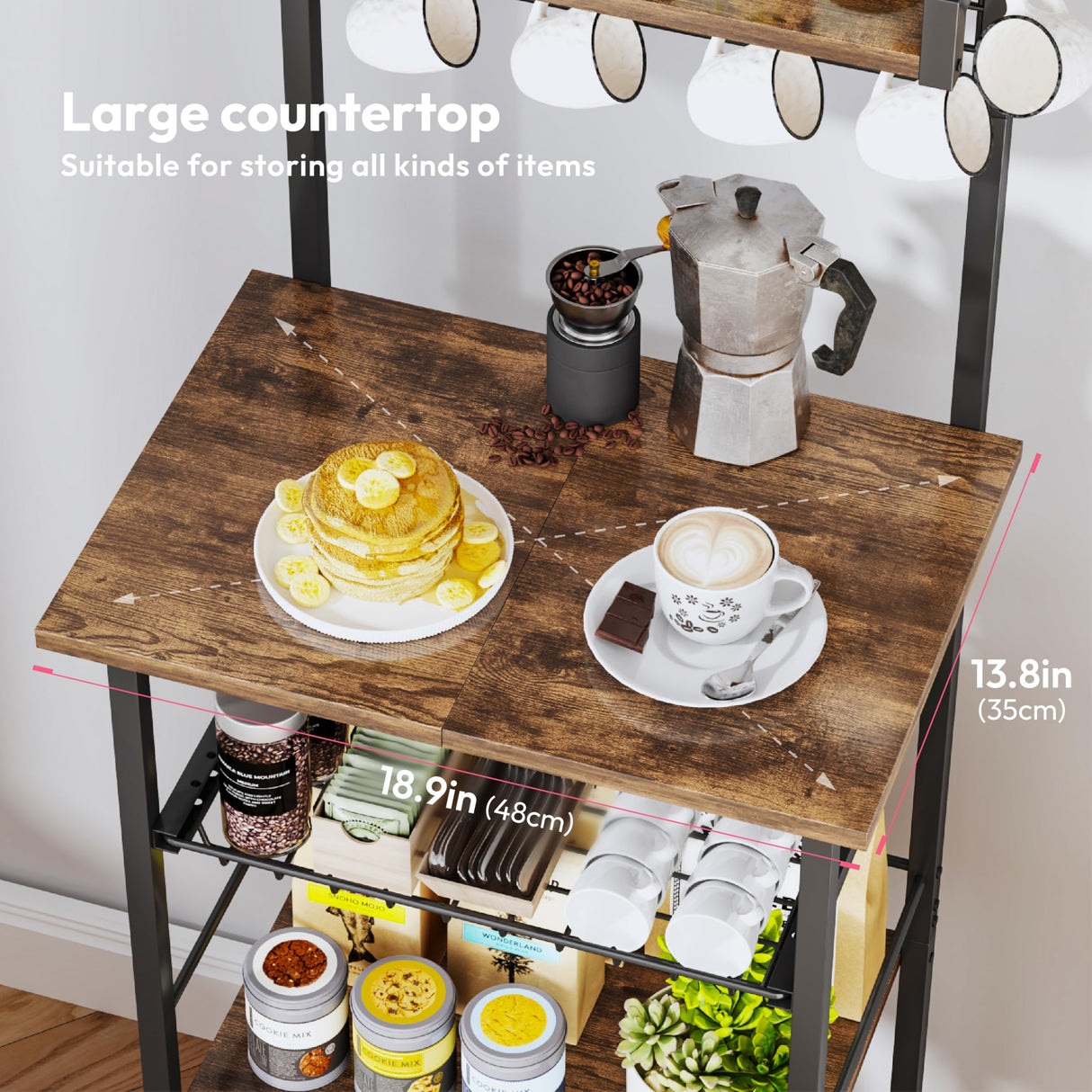 SWTYMIKI 6-Tier Coffee Bar Station - Bakers Rack with Drawer & 6 S-Shaped Hooks, Corner Coffee Stand Station, Coffee Bar Cabinet for Kitchen Entryway Living Room,11.81" Dx18.9 Wx56.7 H, Rustic Brown SWTYMIKI