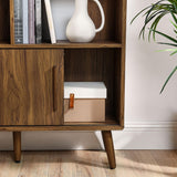 Modway Transmit 14 Shelf Bookcase with Sliding Doors in Walnut - 59 Inch Wood Mid-Century Modern Bookshelf - 4 Tier Wide Open Display Storage Cabinet for Living Room, Office, Hallway Modway