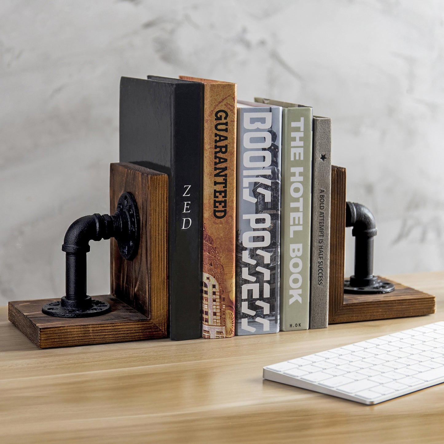 MyGift Rustic Brown Wood Bookends with Realistic Industrial Pipe Design, Decorative Office Bookends Shelf Decor Desk Book Holder L-Shaped Stand, 1-Pair