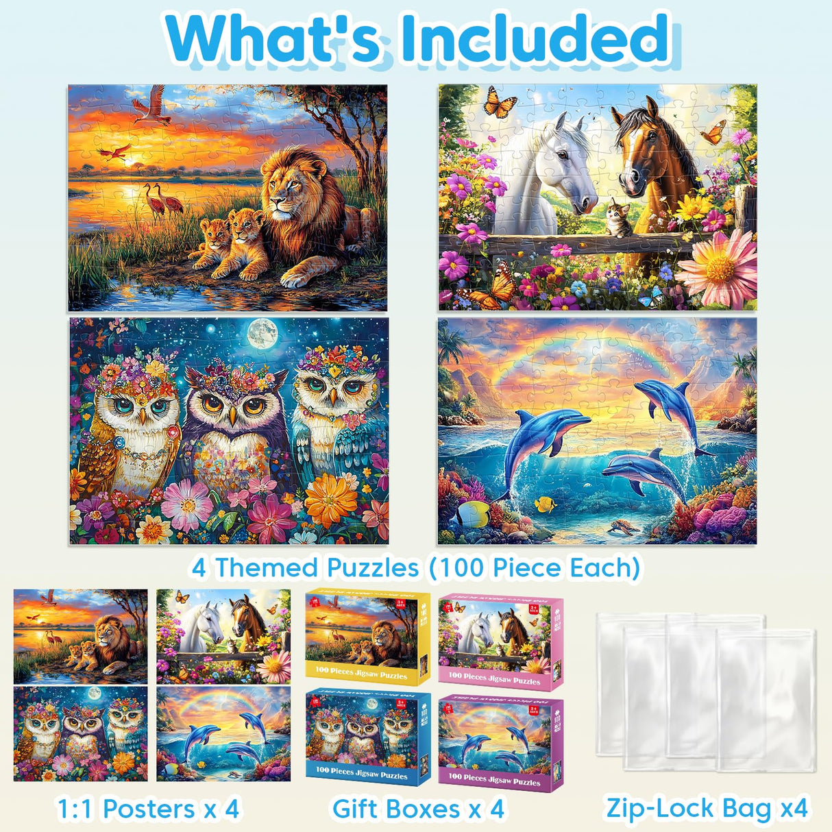 4-Pack Puzzles for Kids Ages 6-8 8-10 Year Old - Lions Horses Owls Dolphins, Large Piece Puzzles for Seniors, 100 Pieces Jigsaw Puzzles for Kids Ages 4-6, Learning Educational Toys for Boys and Girls Jeacirio