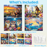 4-Pack Puzzles for Kids Ages 6-8 8-10 Year Old - Lions Horses Owls Dolphins, Large Piece Puzzles for Seniors, 100 Pieces Jigsaw Puzzles for Kids Ages 4-6, Learning Educational Toys for Boys and Girls Jeacirio